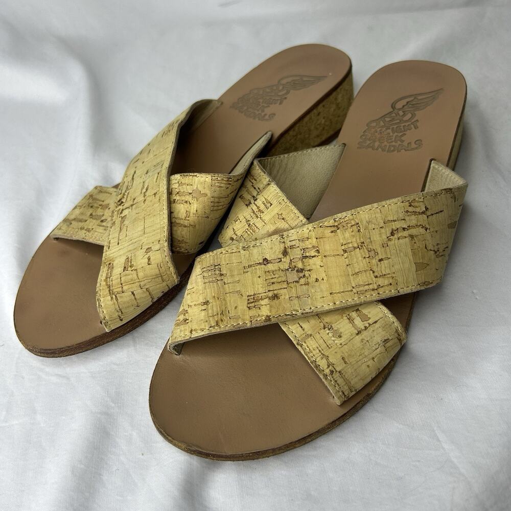 Ancient Greek Thais Sandals Wedge Sandals Tan Cork Criss Cross Slides Size 39